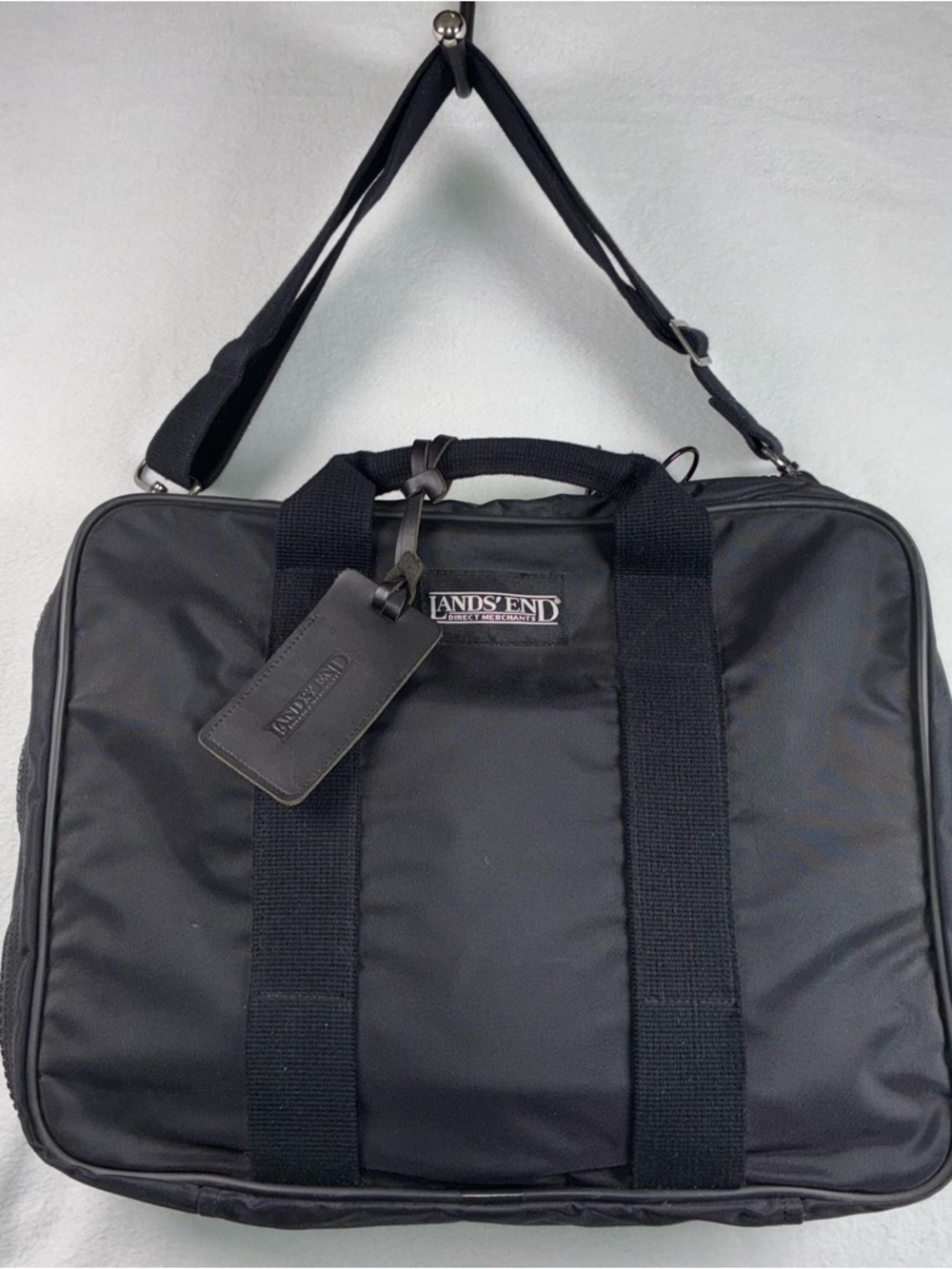 Lands' End Black Laptop Messenger Bag Nylon Zip Around Briefcase Adj Strap